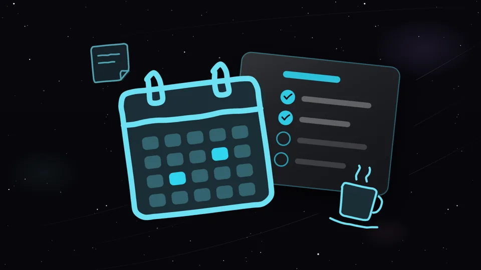Month calendar, checklist, mug and sticky note under a starry sky.
